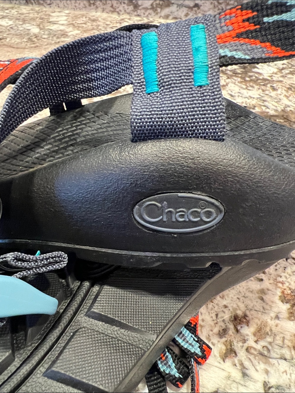 Chaco Black Sandals with Orange & Teal Patterned Straps - Picture 7 of 8